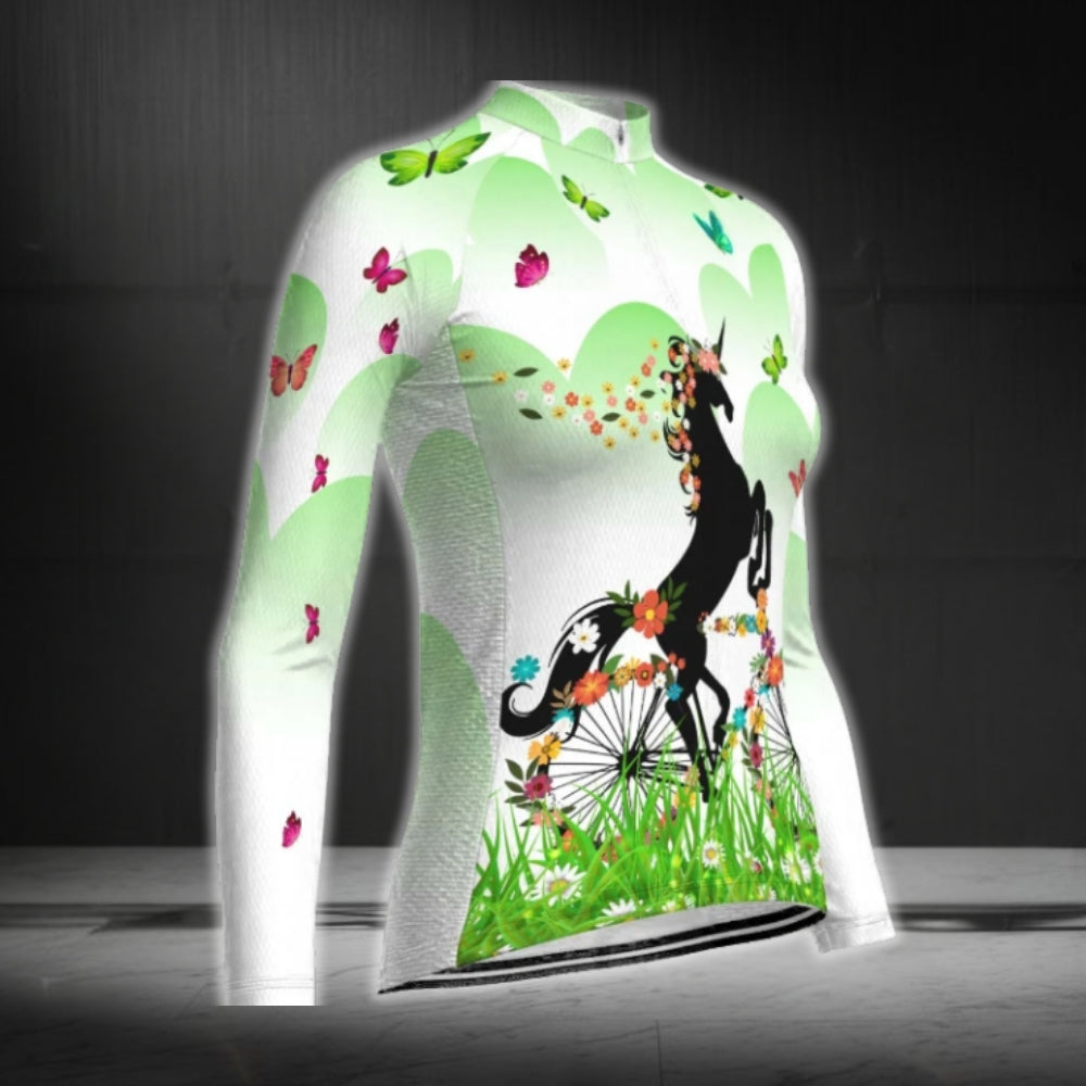 Floral Unicorn Cycling Long Sleeve Women's Jersey, Unicorn Cycling Jersey For Women CG0688