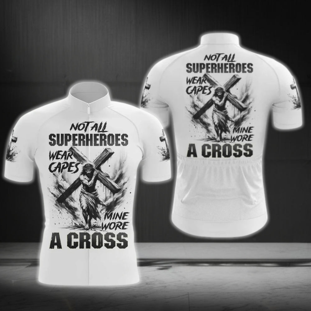 Not All Superheroes Wear Capes Mine Wore A Cross Short Sleeve Men's Cycling Jersey, Jesus Cycling Jerseys CG0482
