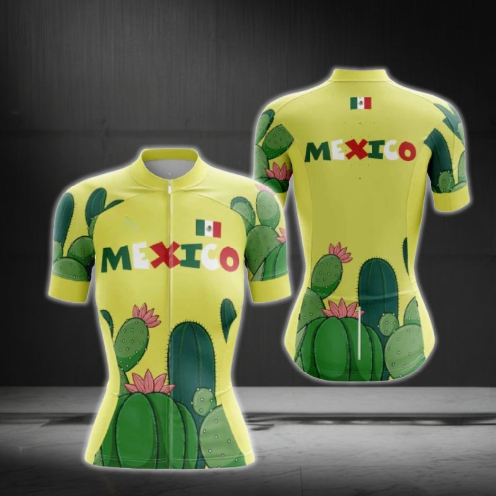 Green And Yellow Mexico Cactus Cycling Short Sleeve Women Jersey, Cactus Mexcio Cycling Jersey For Women CG0635