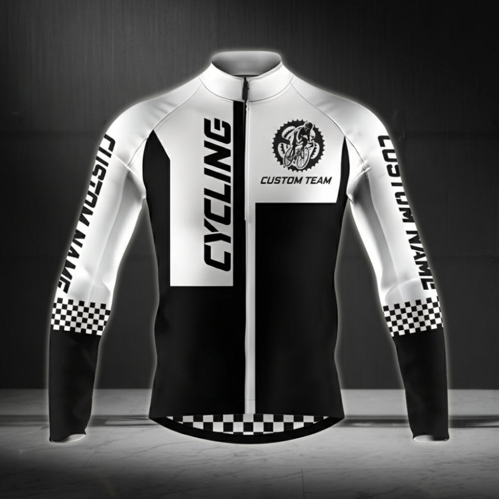 Custom Team Black And White Checkered Cycling Long Sleeve Jersey For Mens, Custom Cycling Jerseys For Team CZ0049