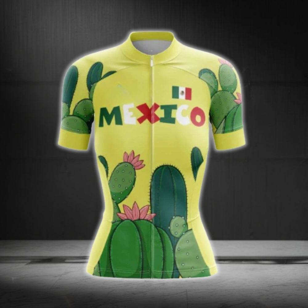Green And Yellow Mexico Cactus Cycling Short Sleeve Women Jersey, Cactus Mexcio Cycling Jersey For Women CG0635