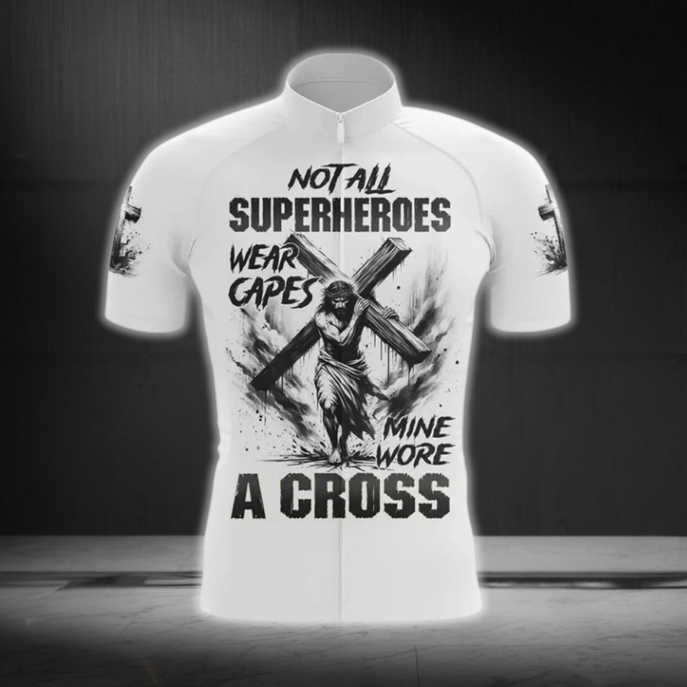 Not All Superheroes Wear Capes Mine Wore A Cross Short Sleeve Men's Cycling Jersey, Jesus Cycling Jerseys CG0482