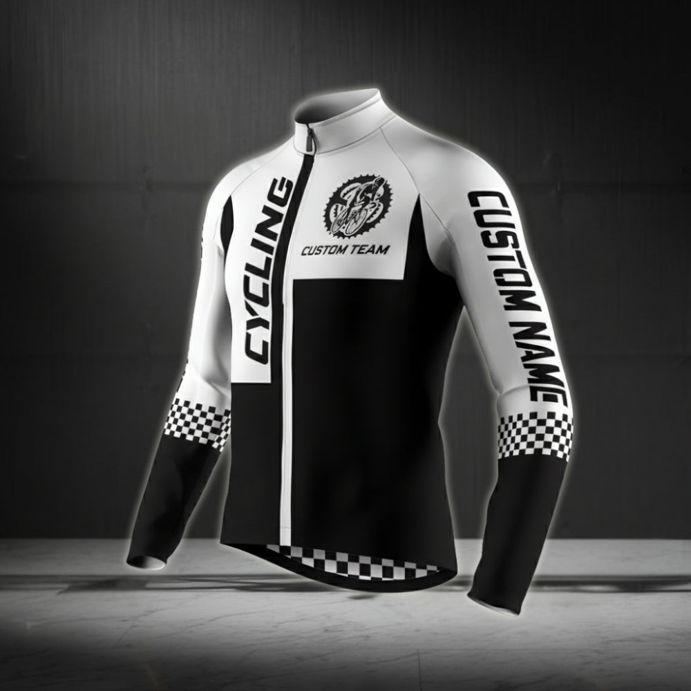 Custom Team Black And White Checkered Cycling Long Sleeve Jersey For Mens, Custom Cycling Jerseys For Team CZ0049