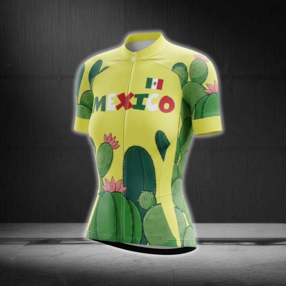 Green And Yellow Mexico Cactus Cycling Short Sleeve Women Jersey, Cactus Mexcio Cycling Jersey For Women CG0635