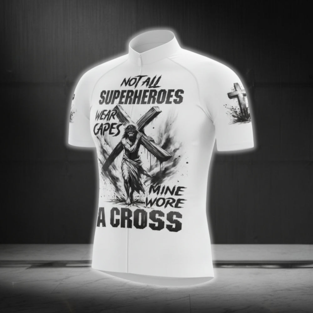 Not All Superheroes Wear Capes Mine Wore A Cross Short Sleeve Men's Cycling Jersey, Jesus Cycling Jerseys CG0482