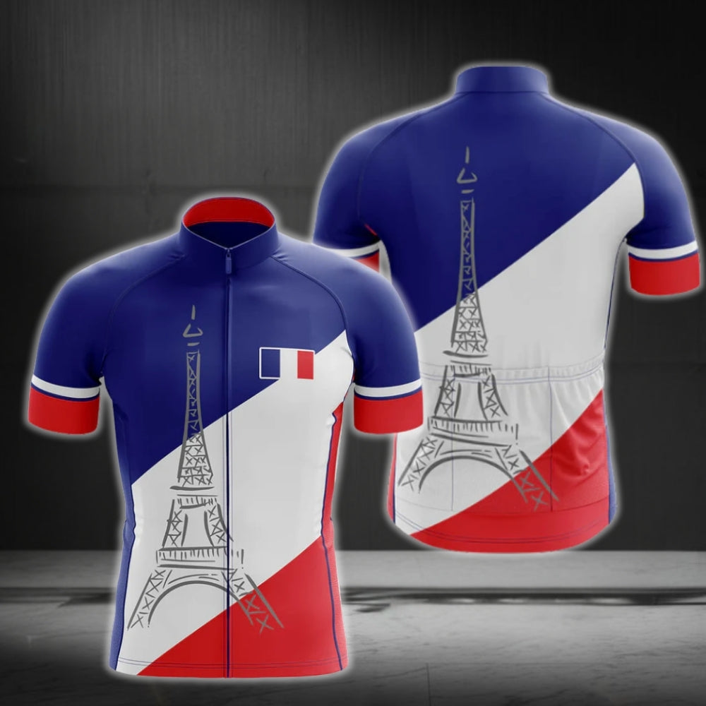 Blue White And Red France Flag Cycling Short Sleeve Men's Jersey, France Patriotic Cycling Jerseys CG0145