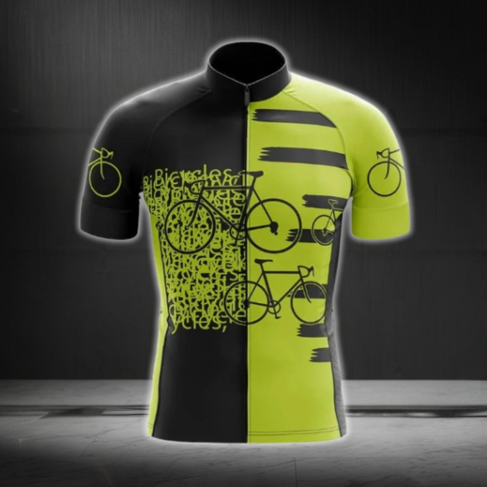 Black And Lime Bicycle Pattern Cycling Short Sleeve Jersey For Men, Bicycle Pattern Cycling Jerseys CG0704