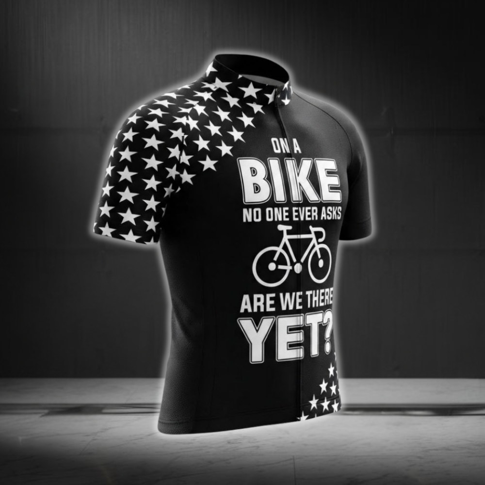 On A Bike No One Ever Asks Are We There Yet Men's Black Cycling Jersey Short Sleeve, Funny Cycling Jersey CG0878