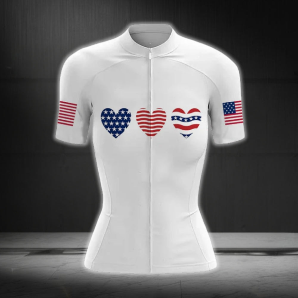 Heart US Flag Short Sleeve Women's Cycling Jersey, Women Patriotic Cycling Jerseys CG0076