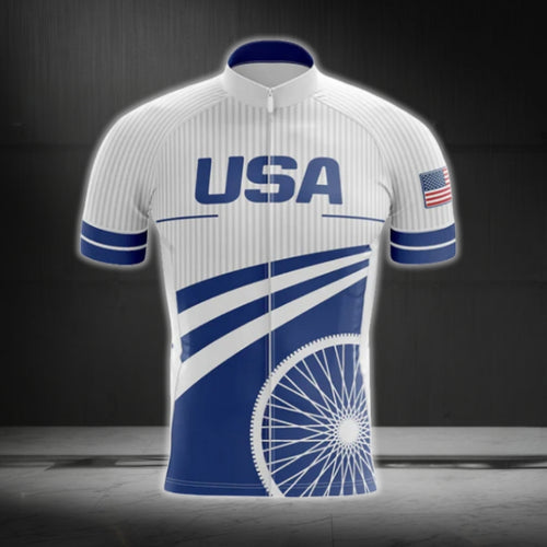 Blue And White USA Short Sleeve Cycling Jersey For Men, USA Patriotic Cycling Jerseys CG0610