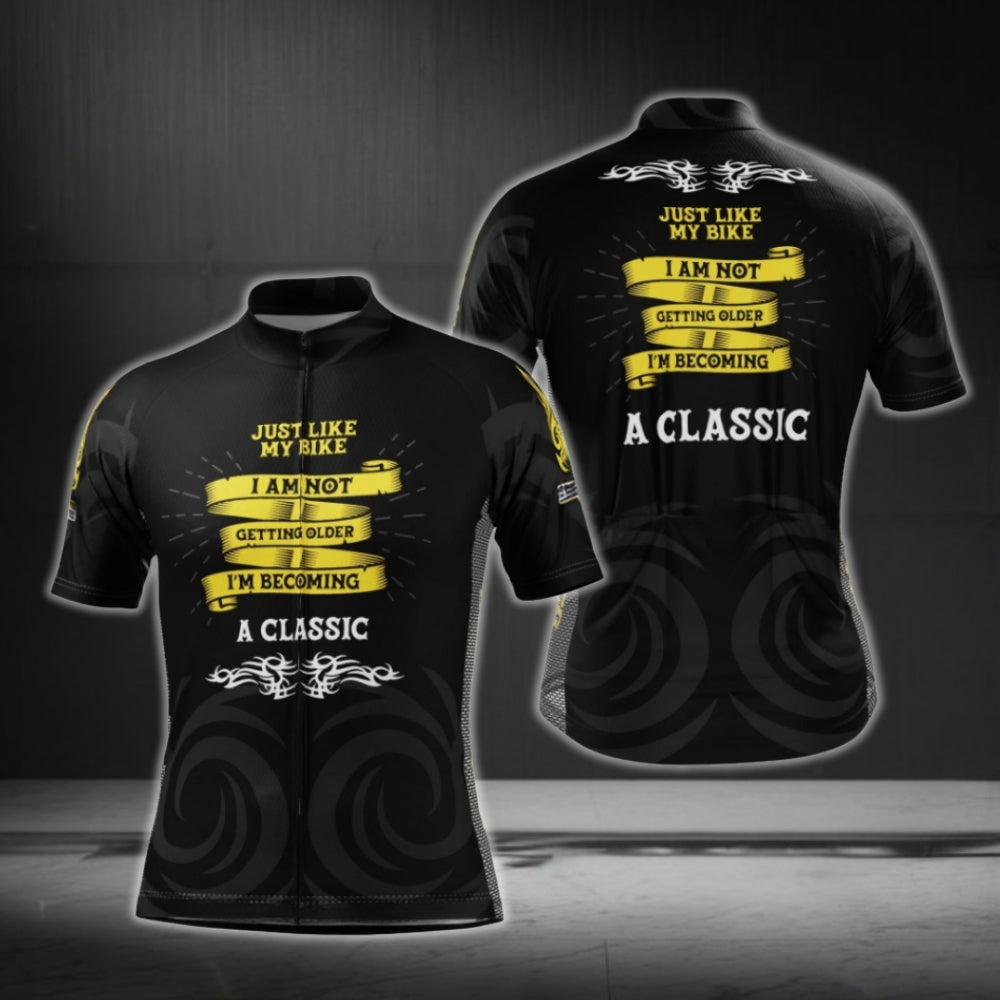 Just Like My Bike I'm Not Getting Older I'm Becoming A Classic Short Sleeve Cycling Jersey Mens, Black And Yellow Cycling Jerseys CG0691