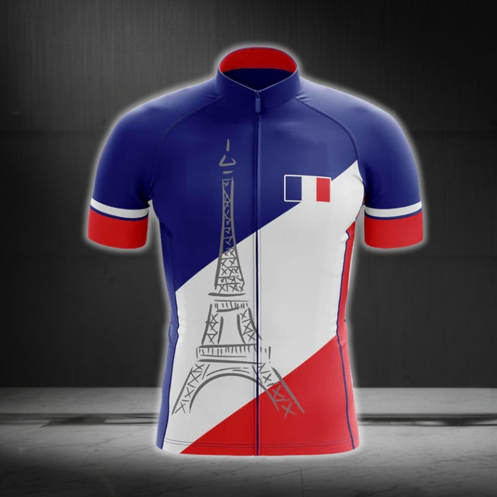 Blue White And Red France Flag Cycling Short Sleeve Men's Jersey, France Patriotic Cycling Jerseys CG0145
