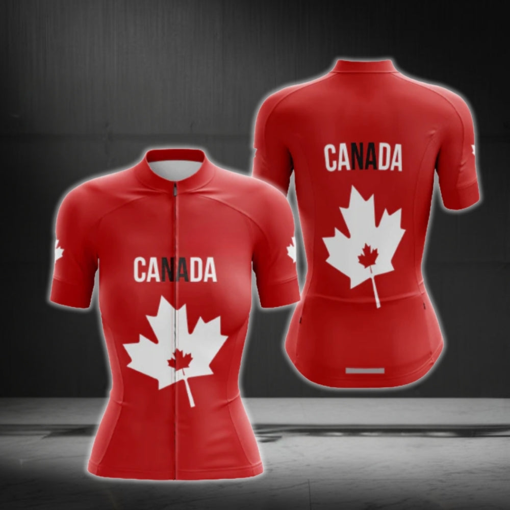 Red And White Canada Flag Cycling Short Sleeve Jersey Women, Canada Cycling Jerseys For Ladies CG0637
