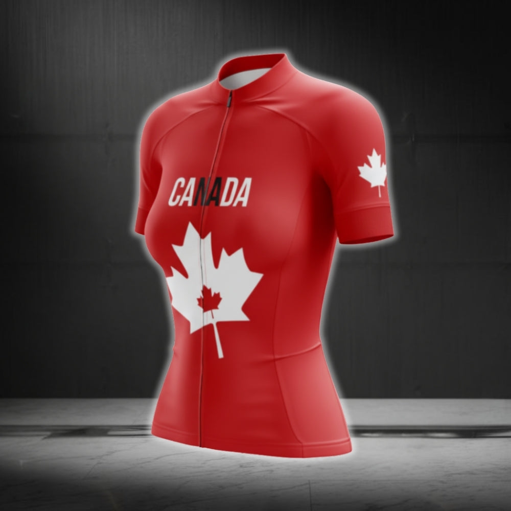 Red And White Canada Flag Cycling Short Sleeve Jersey Women, Canada Cycling Jerseys For Ladies CG0637
