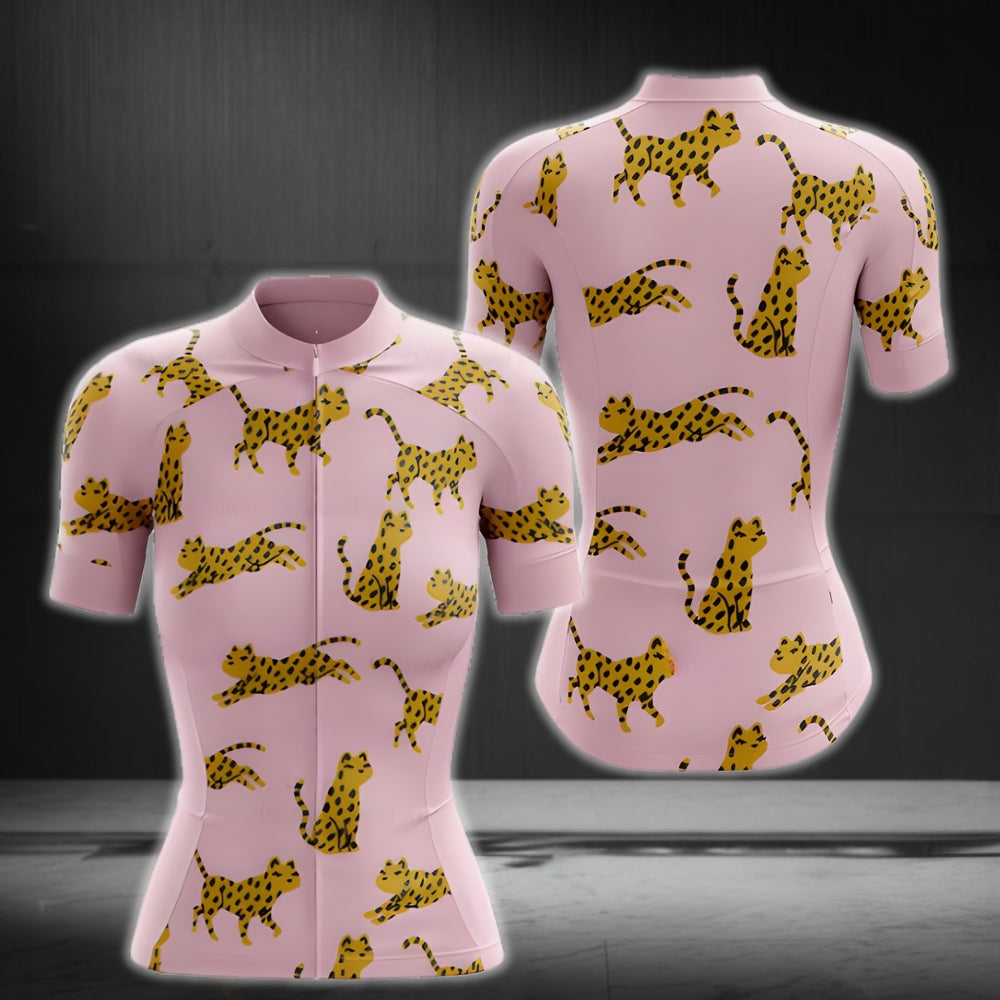 Leopard Pink Womens Cycling Short Sleeve Jerseys, Leopard Cycling Jersey For Womens CZ0108