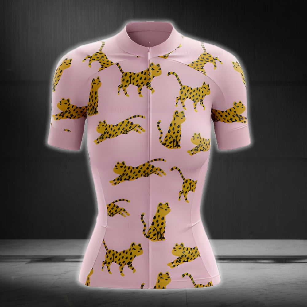 Leopard Pink Womens Cycling Short Sleeve Jerseys, Leopard Cycling Jersey For Womens CZ0108