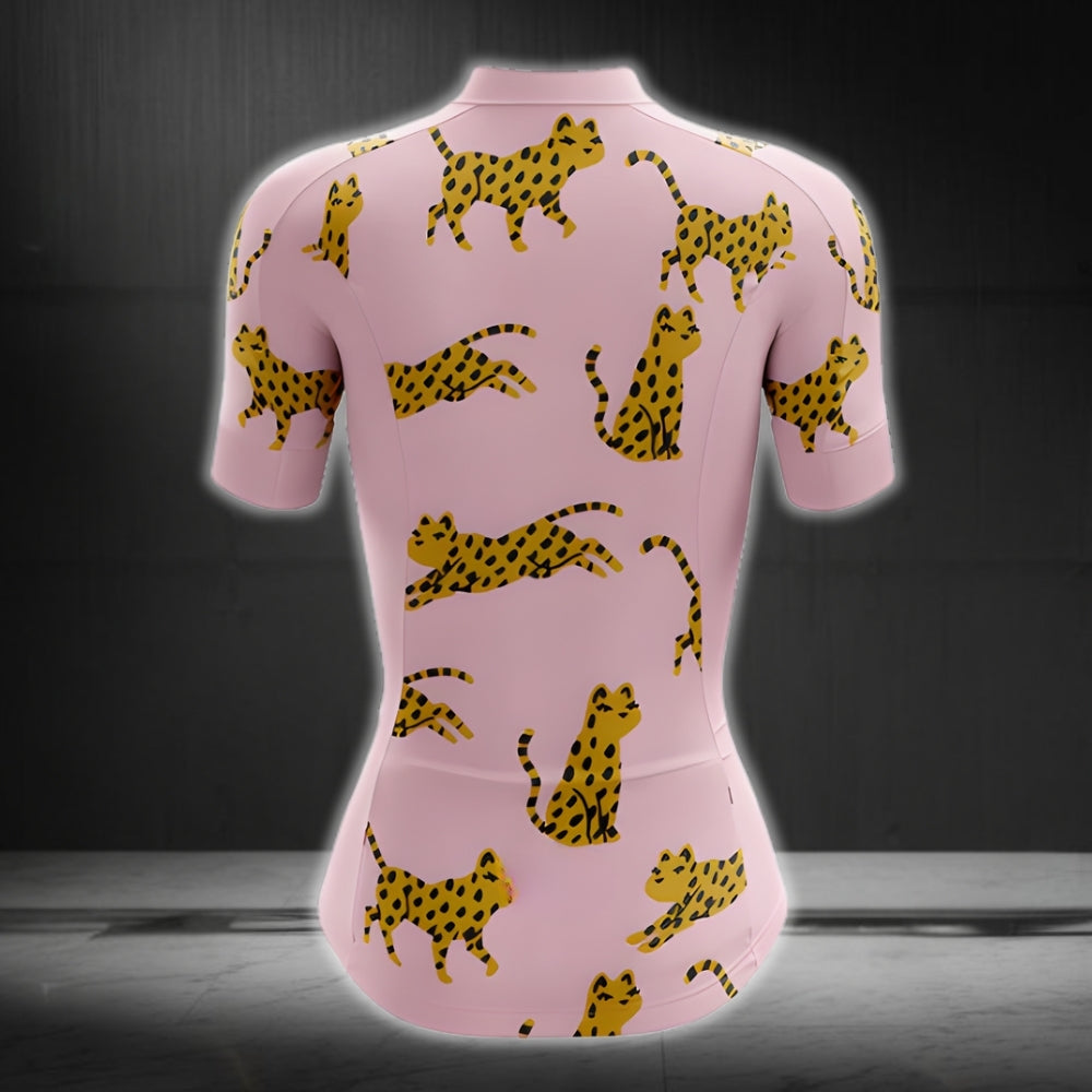 Leopard Pink Womens Cycling Short Sleeve Jerseys, Leopard Cycling Jersey For Womens CZ0108