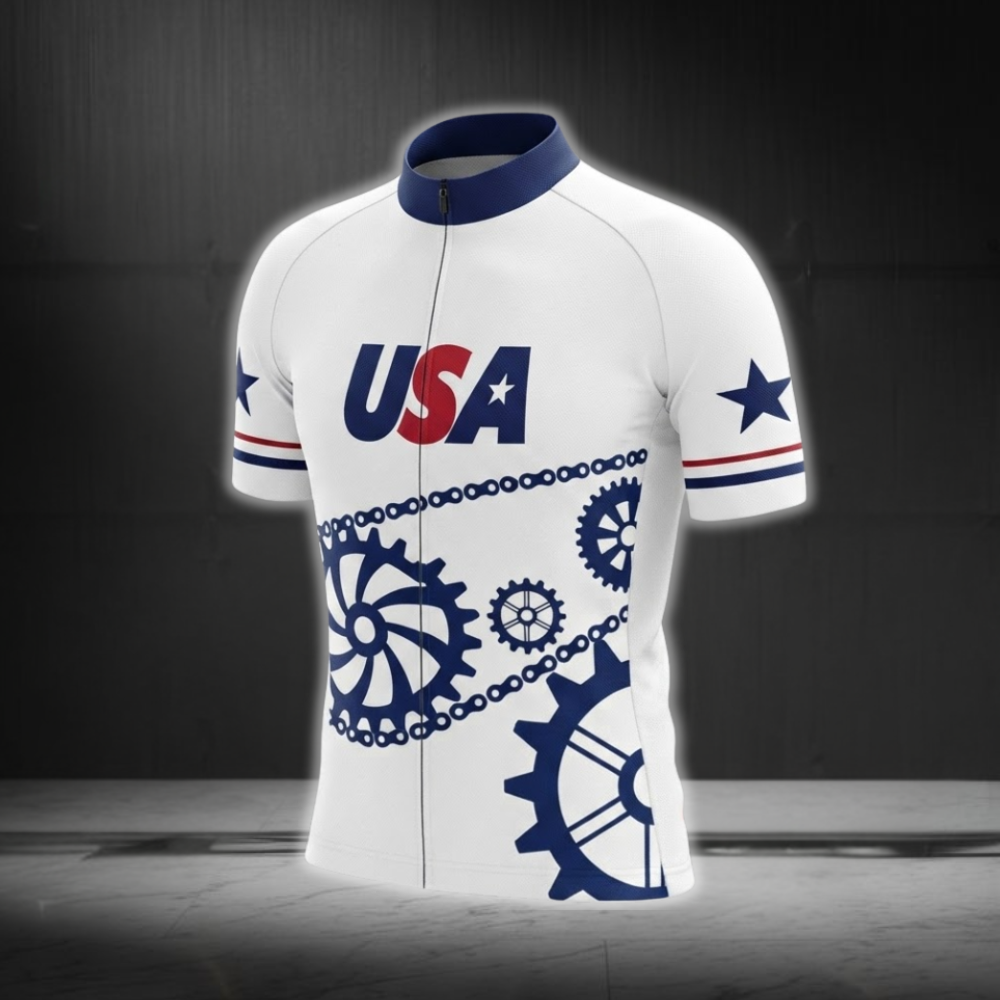 USA Flag Gear Cycling Short Sleeve Jersey For Men, White Red Blue Patriotic Cycling Jersey CG0872