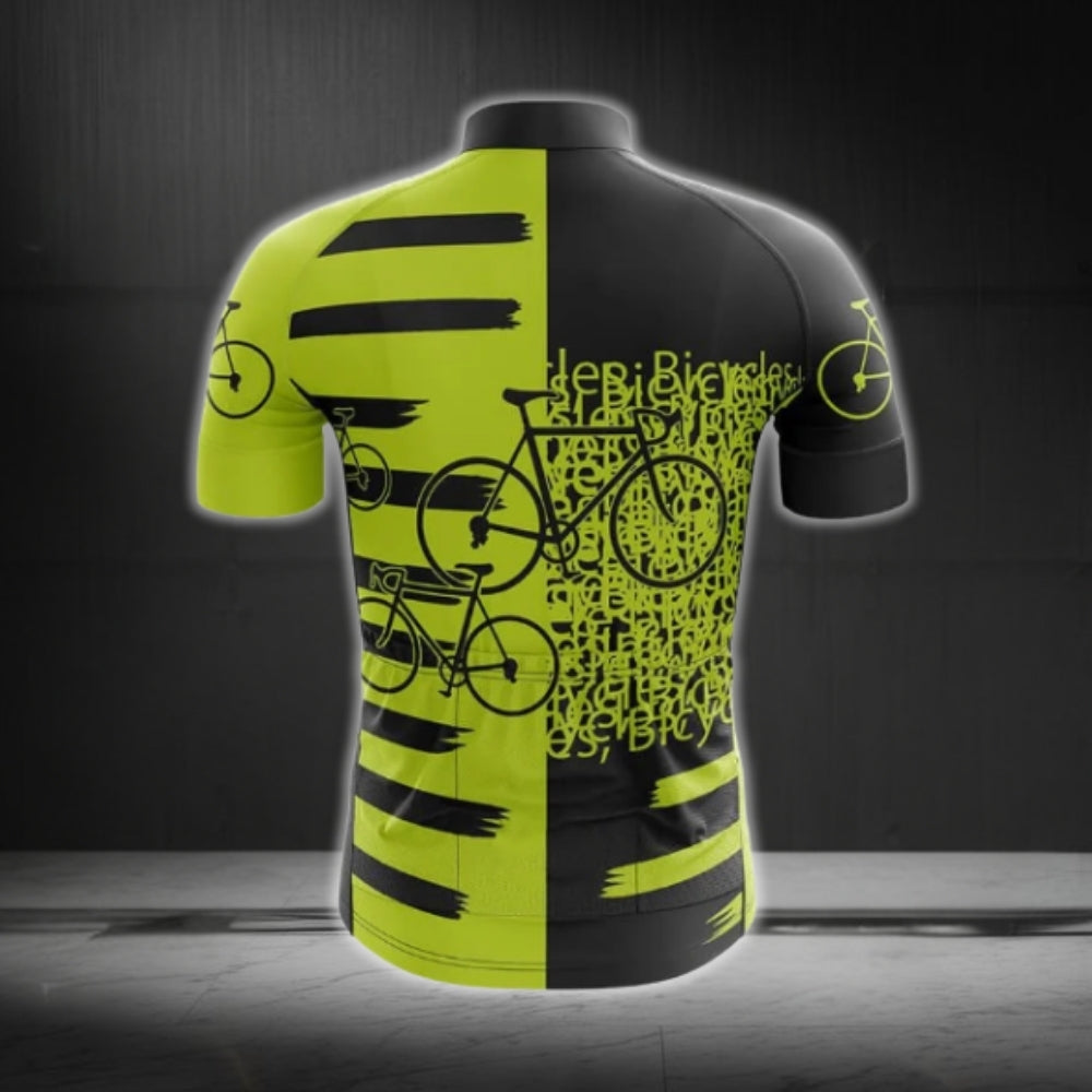 Black And Lime Bicycle Pattern Cycling Short Sleeve Jersey For Men, Bicycle Pattern Cycling Jerseys CG0704