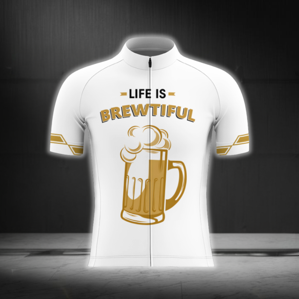 Life Is Brewtiful Cycling Short Sleeve Men's Jersey White Yellow, Funny Beer Cycling Jersey CG0875