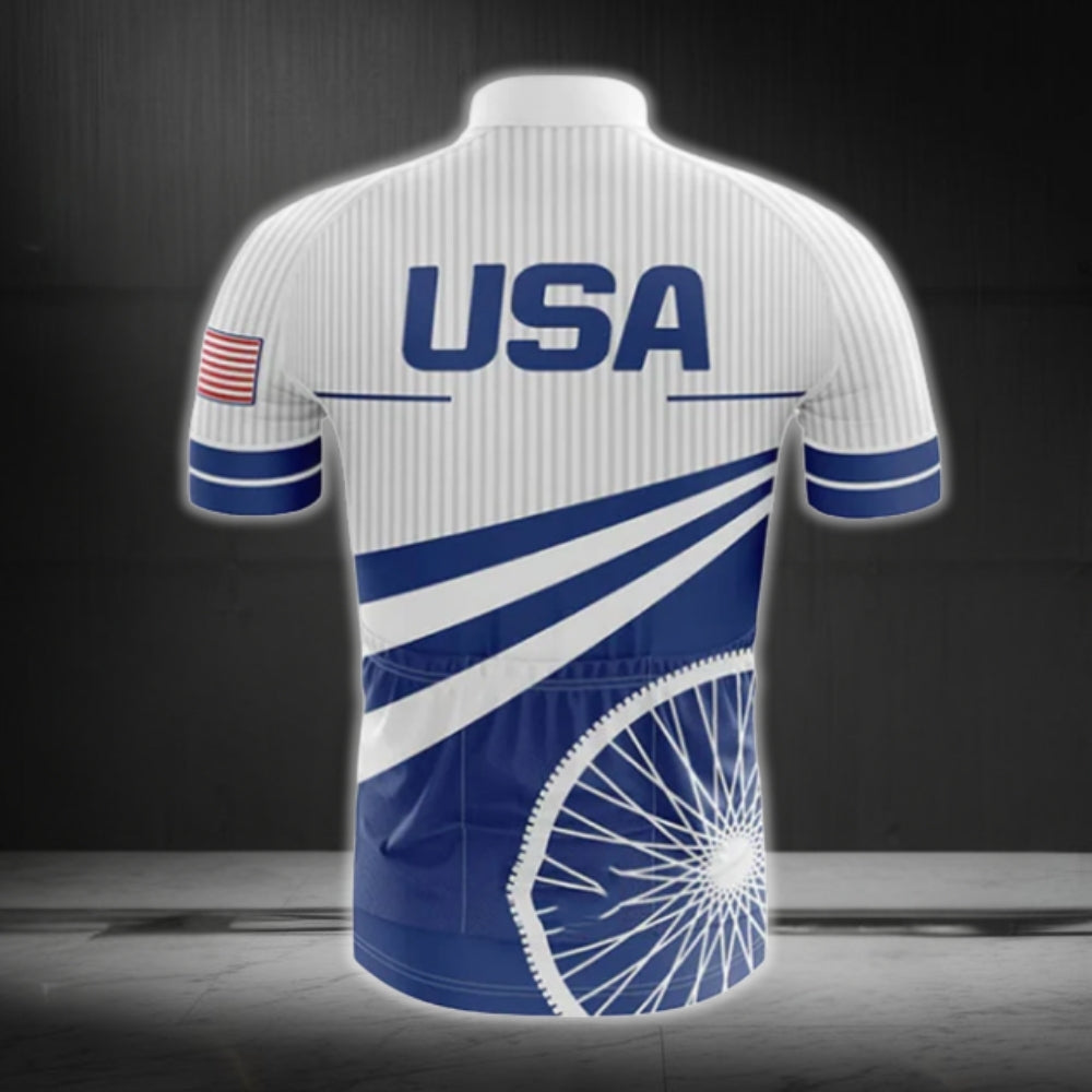 Blue And White USA Short Sleeve Cycling Jersey For Men, USA Patriotic Cycling Jerseys CG0610