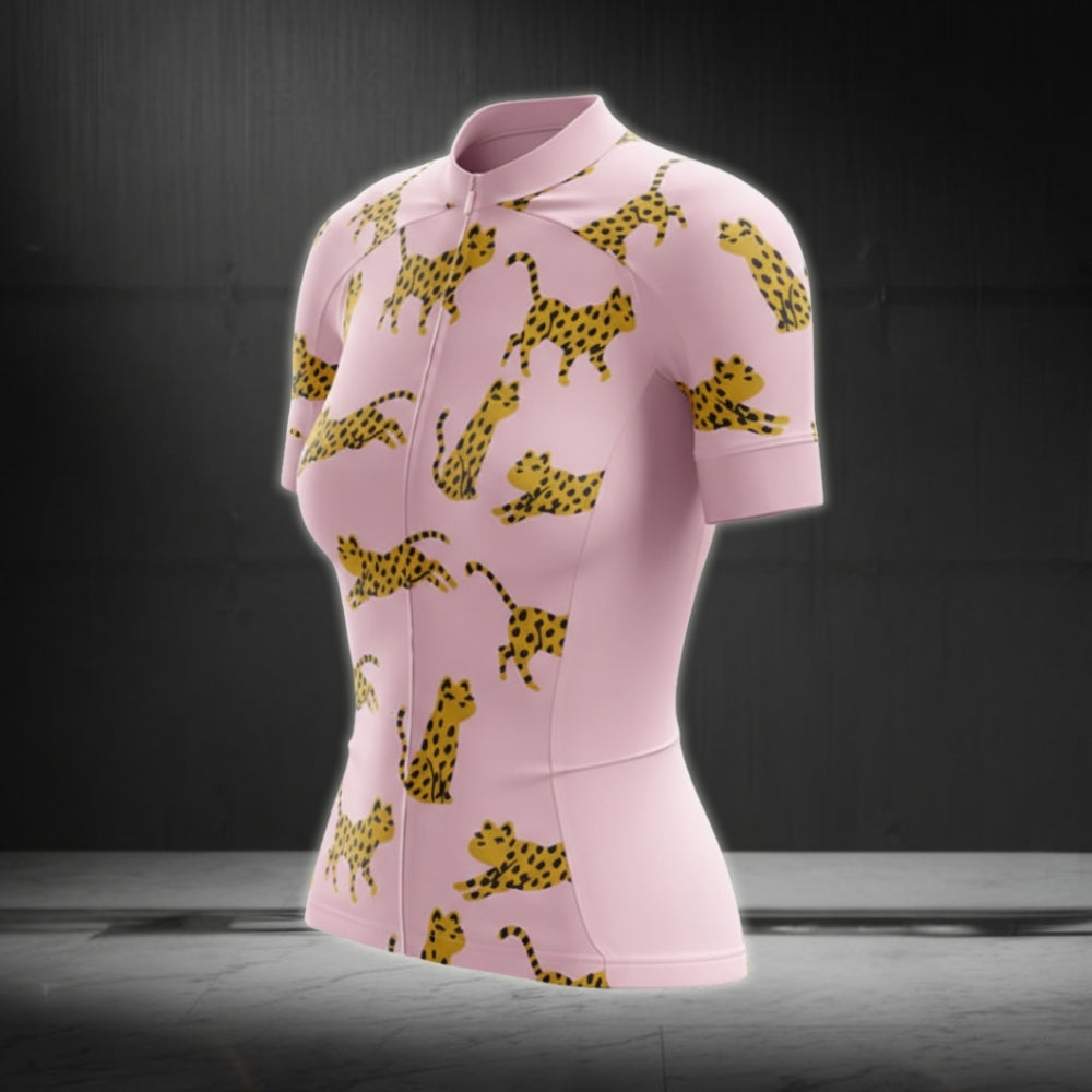 Leopard Pink Womens Cycling Short Sleeve Jerseys, Leopard Cycling Jersey For Womens CZ0108