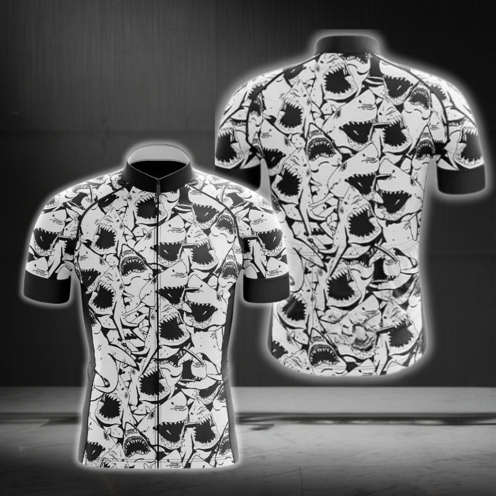 Black And White Shark Cycling Jersey Short Sleeve For Mens, Cycling Jerseys For Shark Lovers CG0260