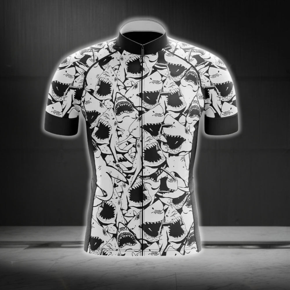 Black And White Shark Cycling Jersey Short Sleeve For Mens, Cycling Jerseys For Shark Lovers CG0260