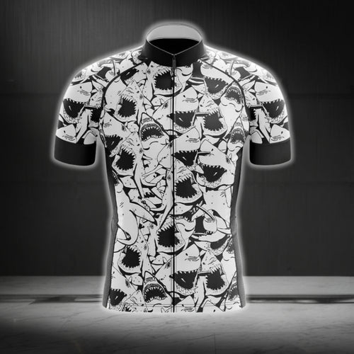 Black And White Shark Cycling Jersey Short Sleeve For Mens, Cycling Jerseys For Shark Lovers CG0260