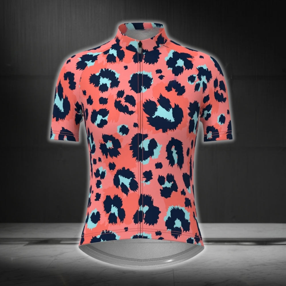 Pink Leopard Cycling Short Sleeve Jersey Womens, Leopard Cycling Jersey For Ladies CZ0107