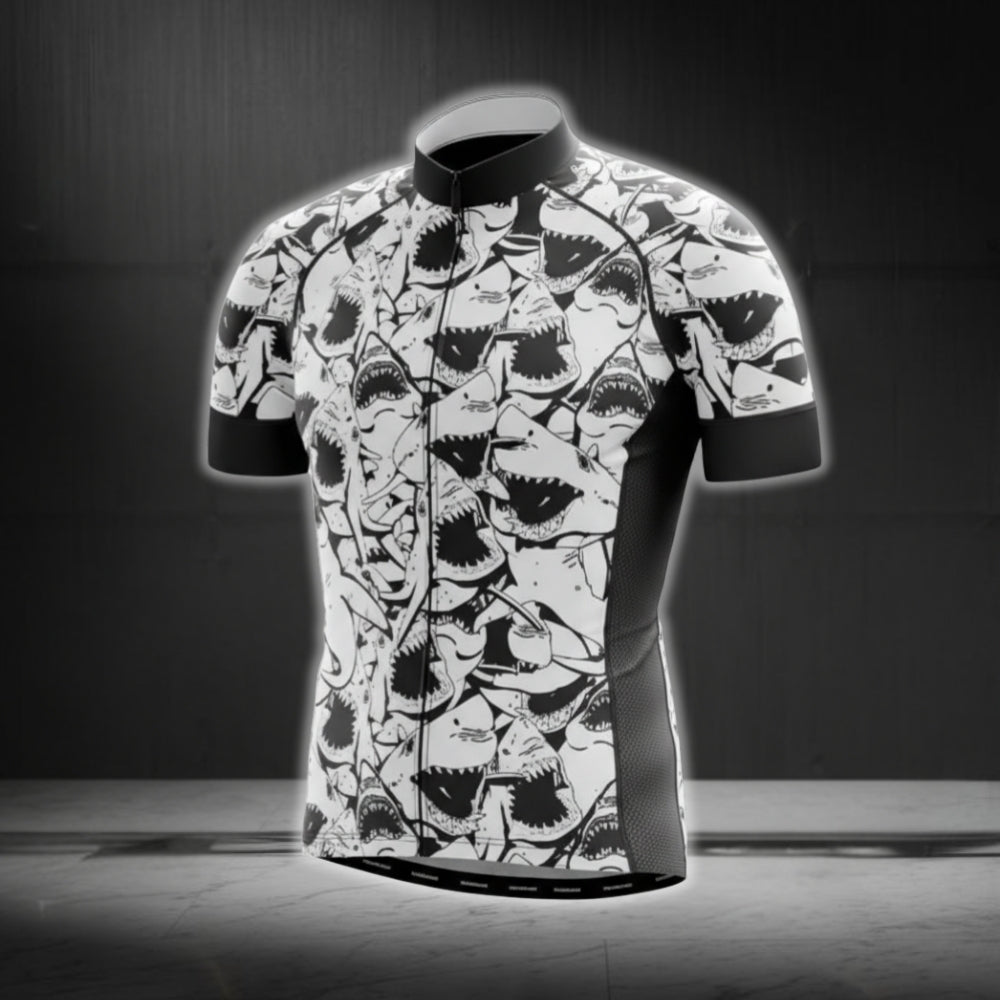 Black And White Shark Cycling Jersey Short Sleeve For Mens, Cycling Jerseys For Shark Lovers CG0260