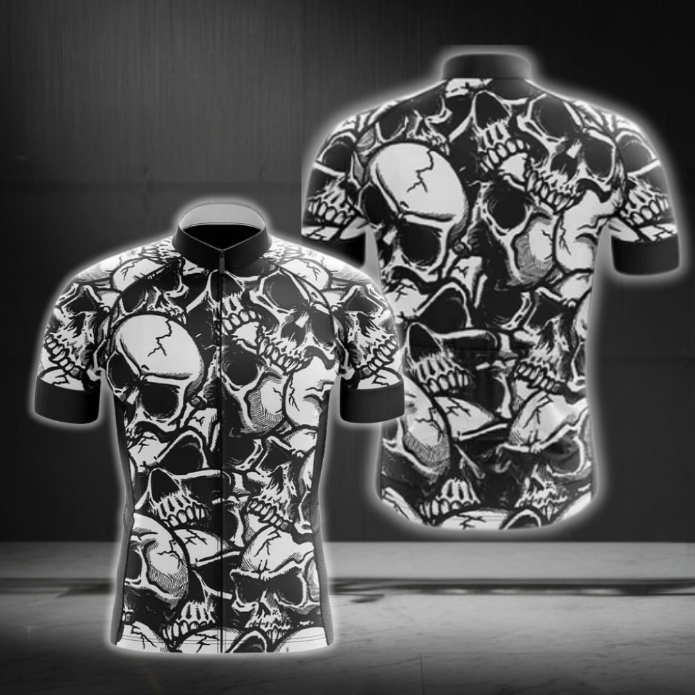 Skull Black And White Short Sleeve Men's Cycling Jersey, Skull Cycling Jerseys CG0261