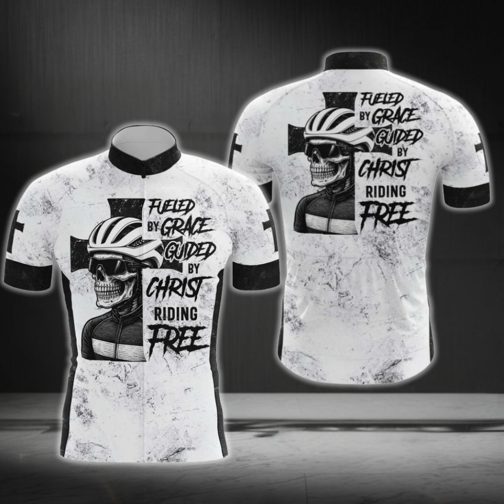 Skull Fueled By Grace Guided By Christ Riding Free Cycling Short Sleeve Jersey For Men, Skull Christian Cycling Jerseys CG0487