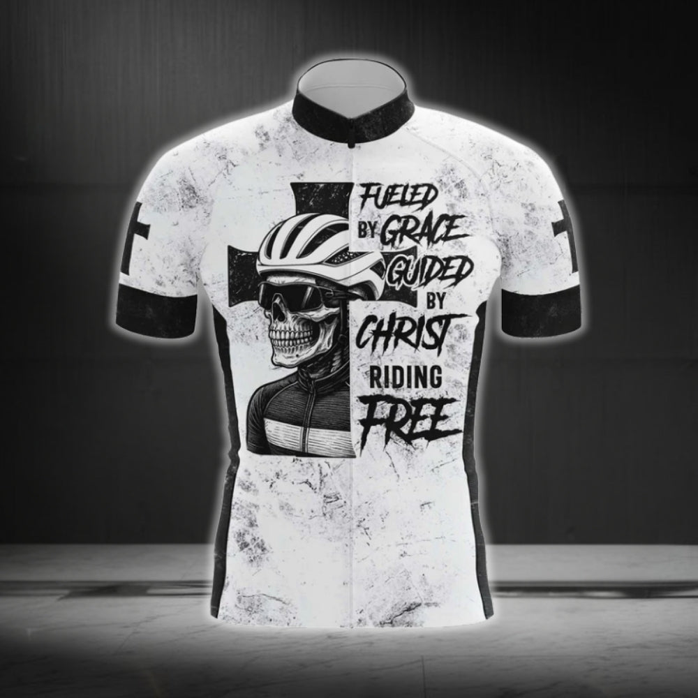Skull Fueled By Grace Guided By Christ Riding Free Cycling Short Sleeve Jersey For Men, Skull Christian Cycling Jerseys CG0487