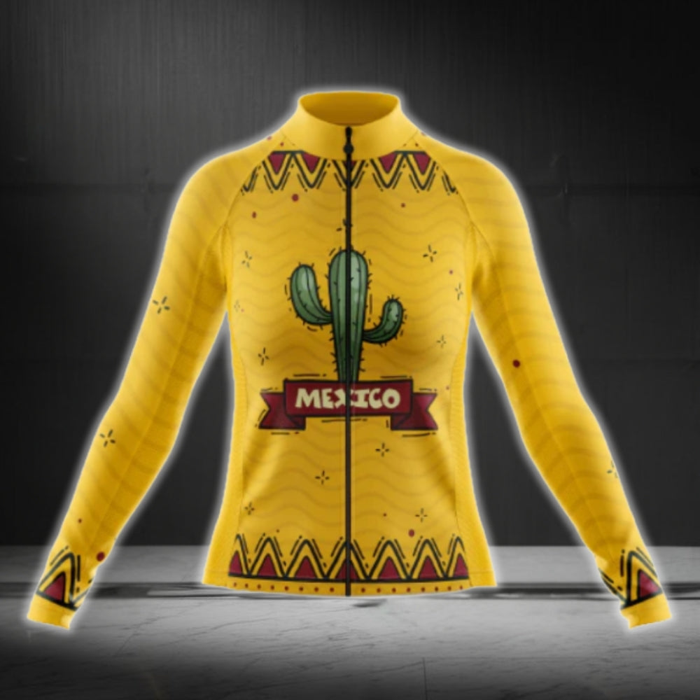 Women's Mexico Cactus Cycling Long Sleeve Jersey, Yellow Cactus Cycling Jersey For Ladies CG0640