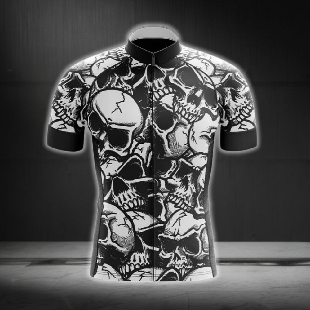 Skull Black And White Short Sleeve Men's Cycling Jersey, Skull Cycling Jerseys CG0261