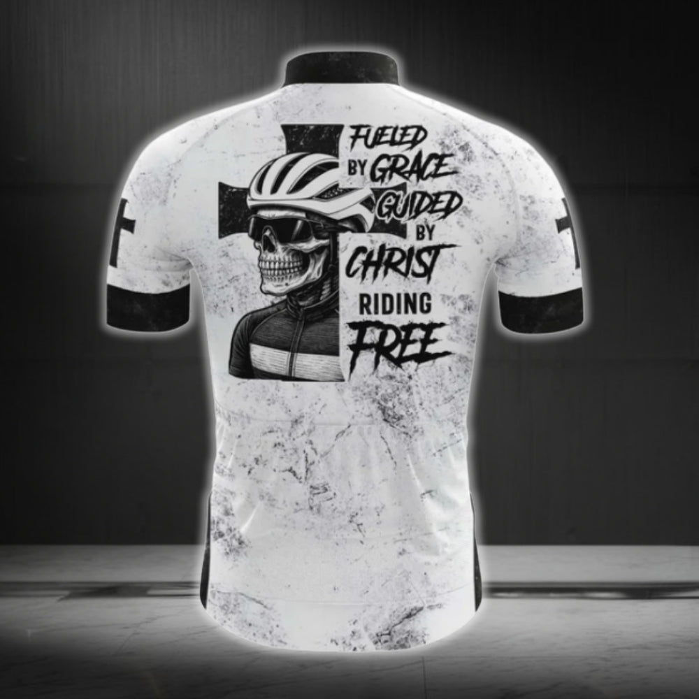 Skull Fueled By Grace Guided By Christ Riding Free Cycling Short Sleeve Jersey For Men, Skull Christian Cycling Jerseys CG0487