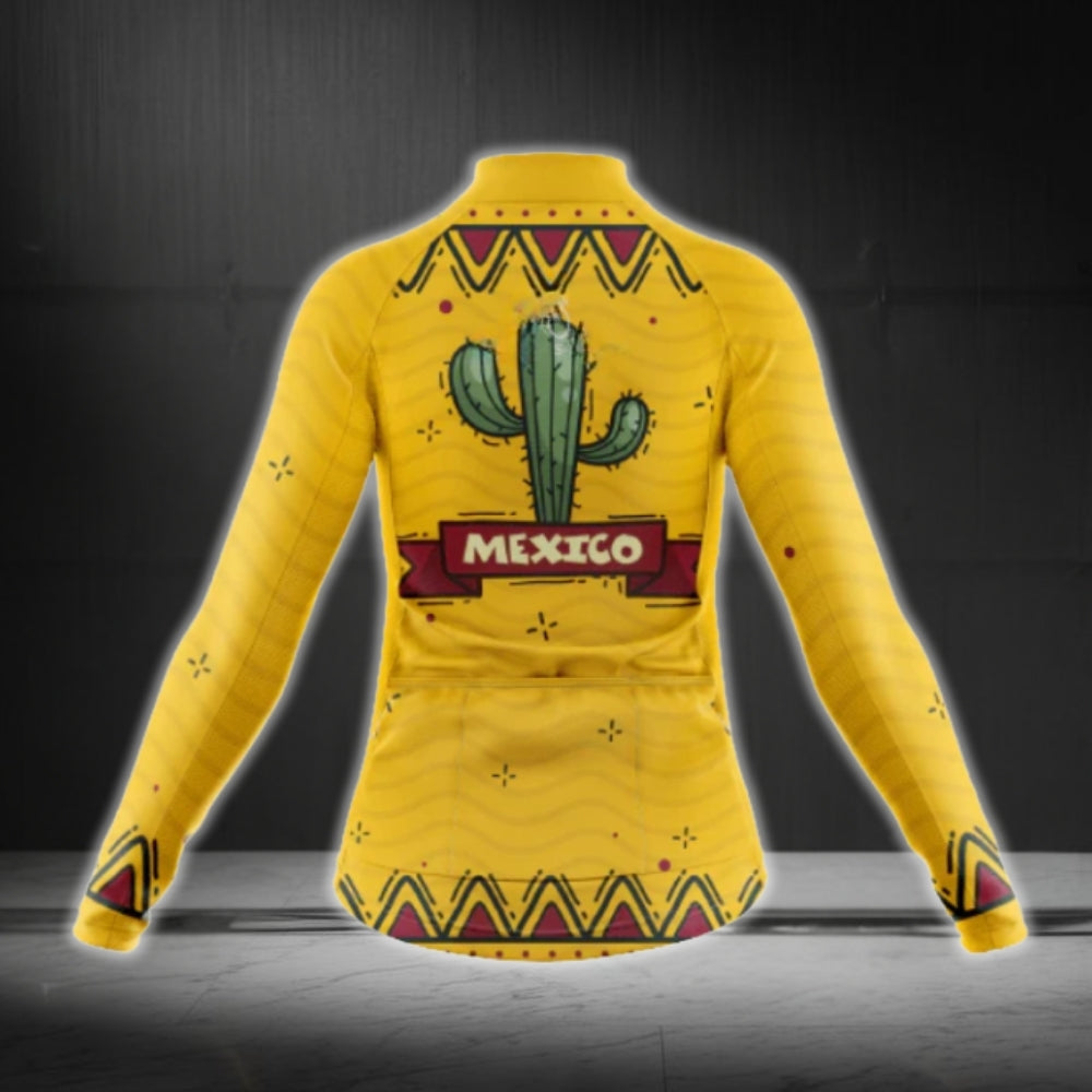 Women's Mexico Cactus Cycling Long Sleeve Jersey, Yellow Cactus Cycling Jersey For Ladies CG0640