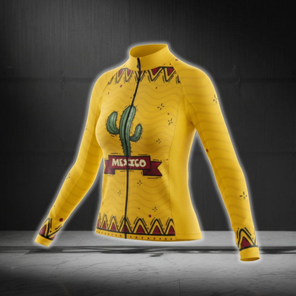 Women's Mexico Cactus Cycling Long Sleeve Jersey, Yellow Cactus Cycling Jersey For Ladies CG0640