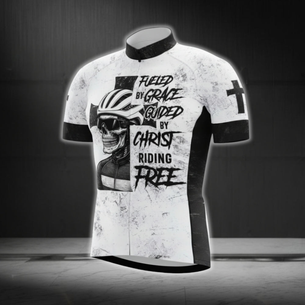 Skull Fueled By Grace Guided By Christ Riding Free Cycling Short Sleeve Jersey For Men, Skull Christian Cycling Jerseys CG0487