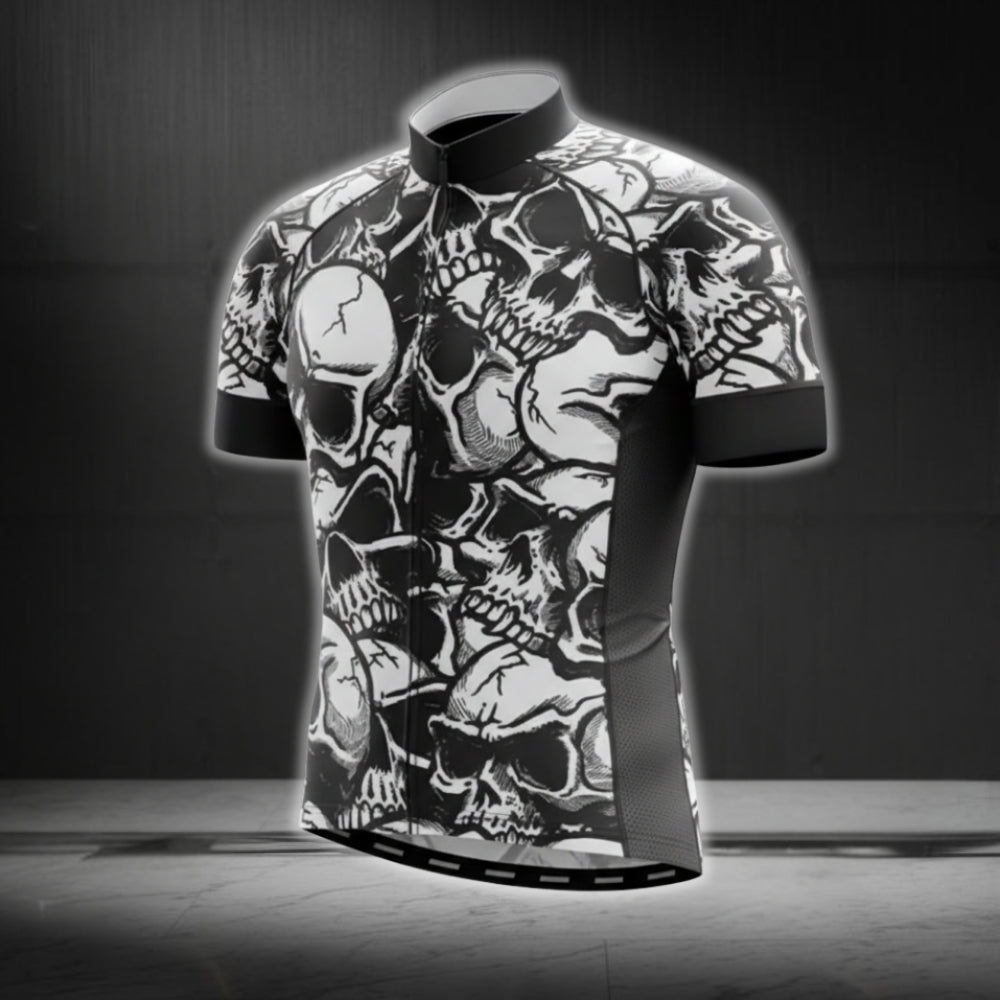Skull Black And White Short Sleeve Men's Cycling Jersey, Skull Cycling Jerseys CG0261