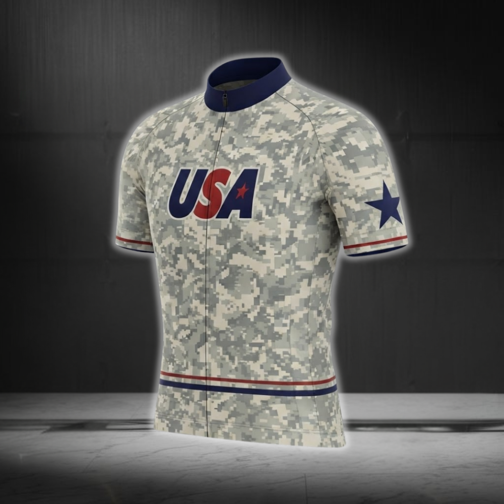 Grey Camo USA Cycling Jersey Men's Short Sleeve, Camoflage Cycling Jersey CG0873