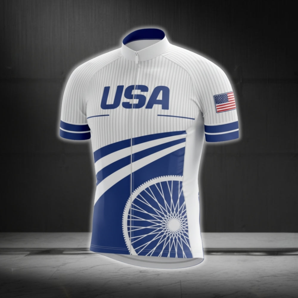 Blue And White USA Short Sleeve Cycling Jersey For Men, USA Patriotic Cycling Jerseys CG0610