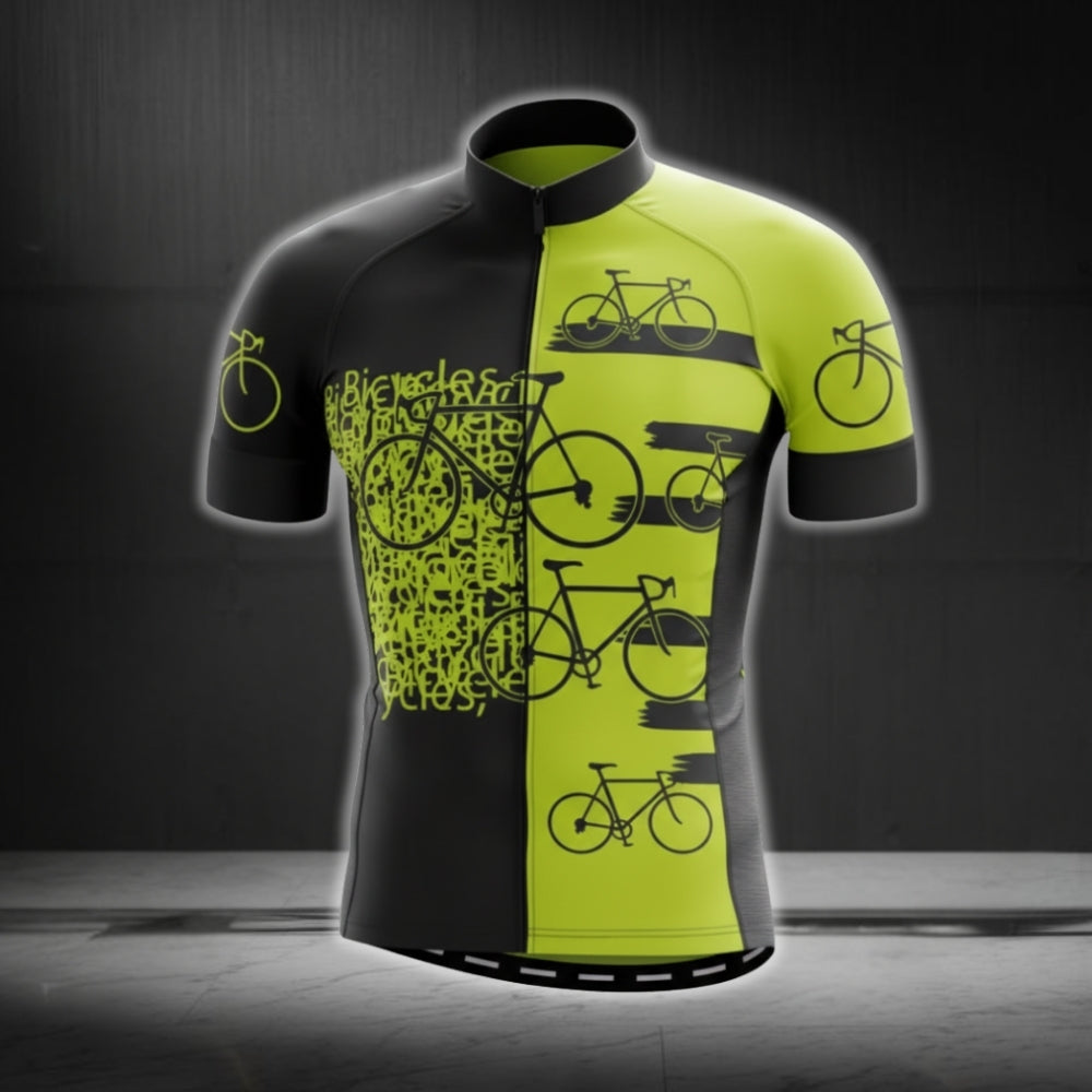 Black And Lime Bicycle Pattern Cycling Short Sleeve Jersey For Men, Bicycle Pattern Cycling Jerseys CG0704