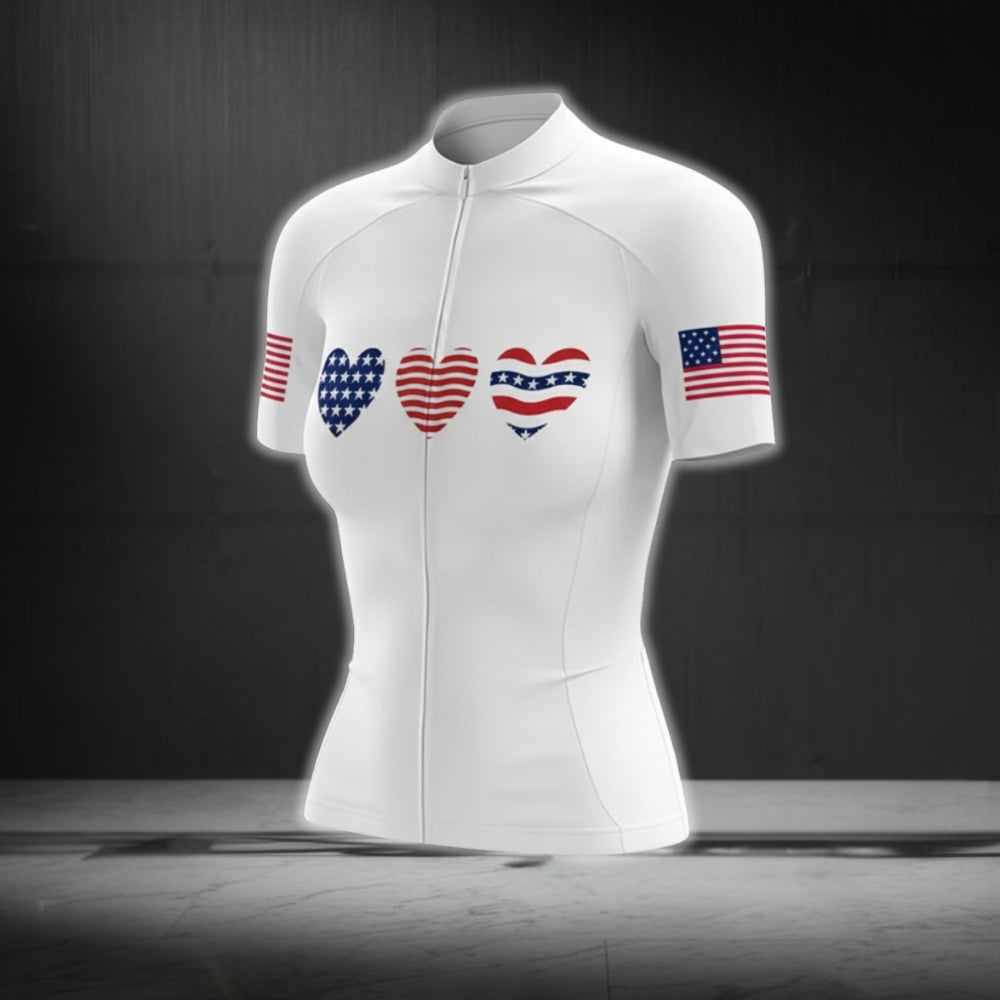 Heart US Flag Short Sleeve Women's Cycling Jersey, Women Patriotic Cycling Jerseys CG0076