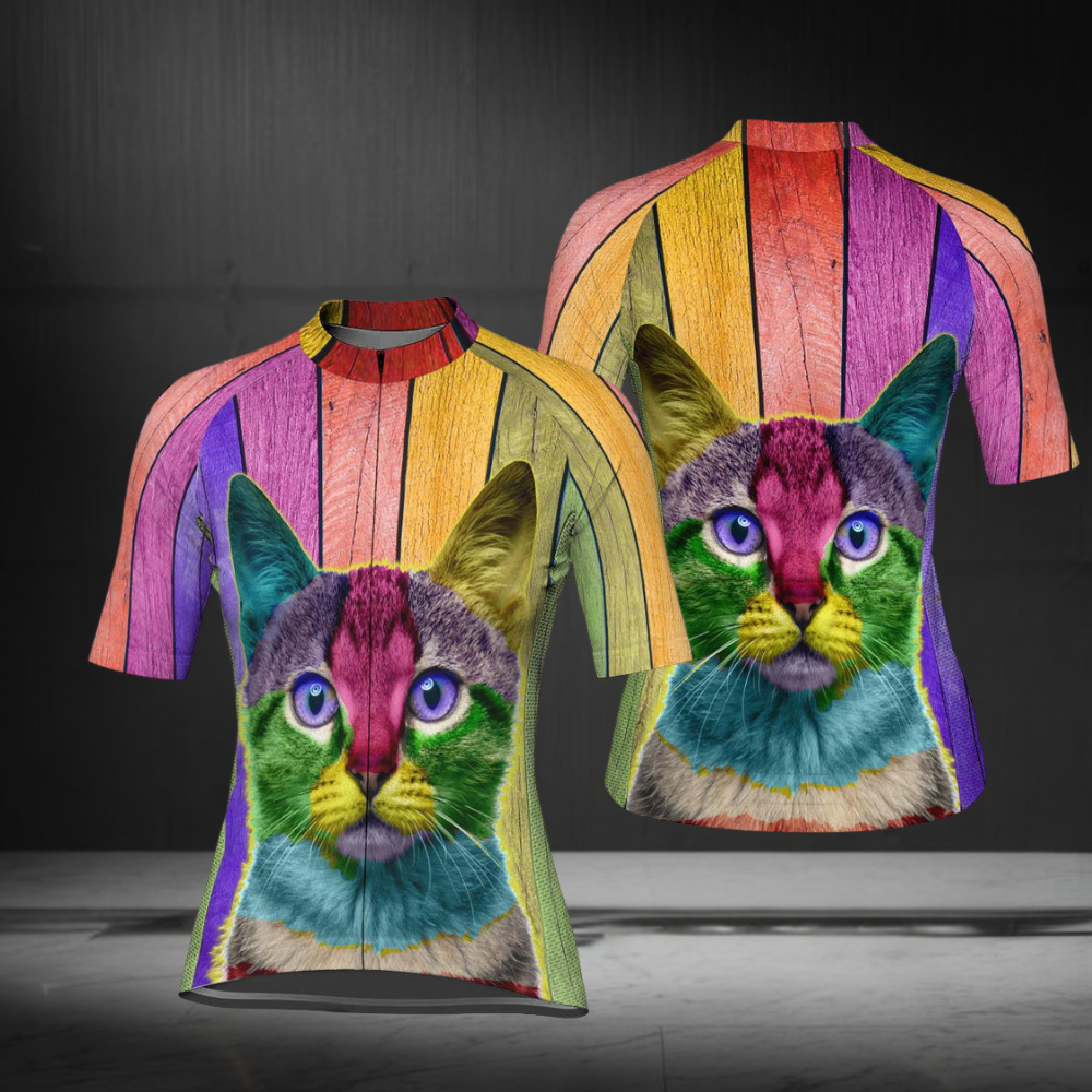 Women's Colorful Cat Short Sleeve Cycling Jersey, Cat Lover Cycling Jerseys For Women CG0687
