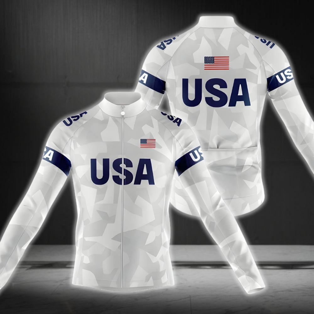Blue And White American Flag Cycling Long Sleeve Jersey Men, Patriotic Cycling Jersey For Mens CZ0103