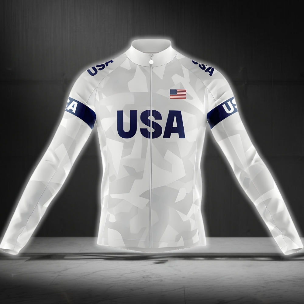 Blue And White American Flag Cycling Long Sleeve Jersey Men, Patriotic Cycling Jersey For Mens CZ0103