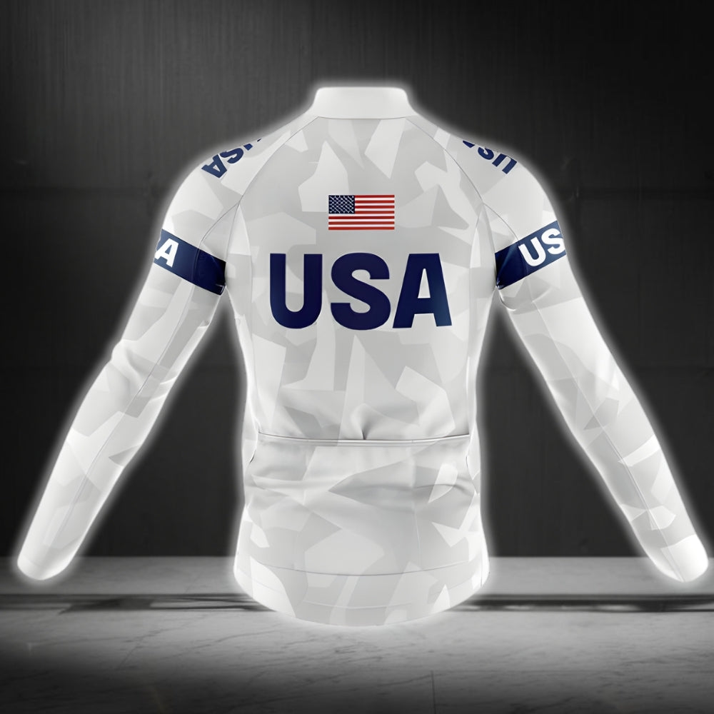 Blue And White American Flag Cycling Long Sleeve Jersey Men, Patriotic Cycling Jersey For Mens CZ0103