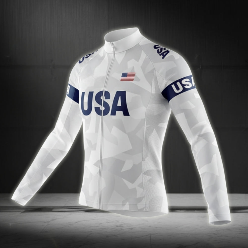 Blue And White American Flag Cycling Long Sleeve Jersey Men, Patriotic Cycling Jersey For Mens CZ0103